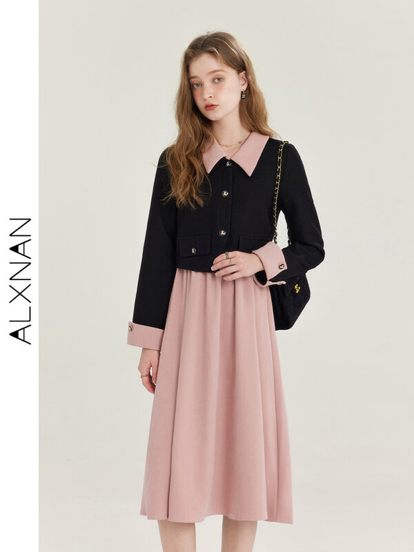 ALXNAN French Style Small Fragrant Dress For Women 2024 Temperament Fake Two-piece A-line Midi Dress Office Lady Outfit T01013