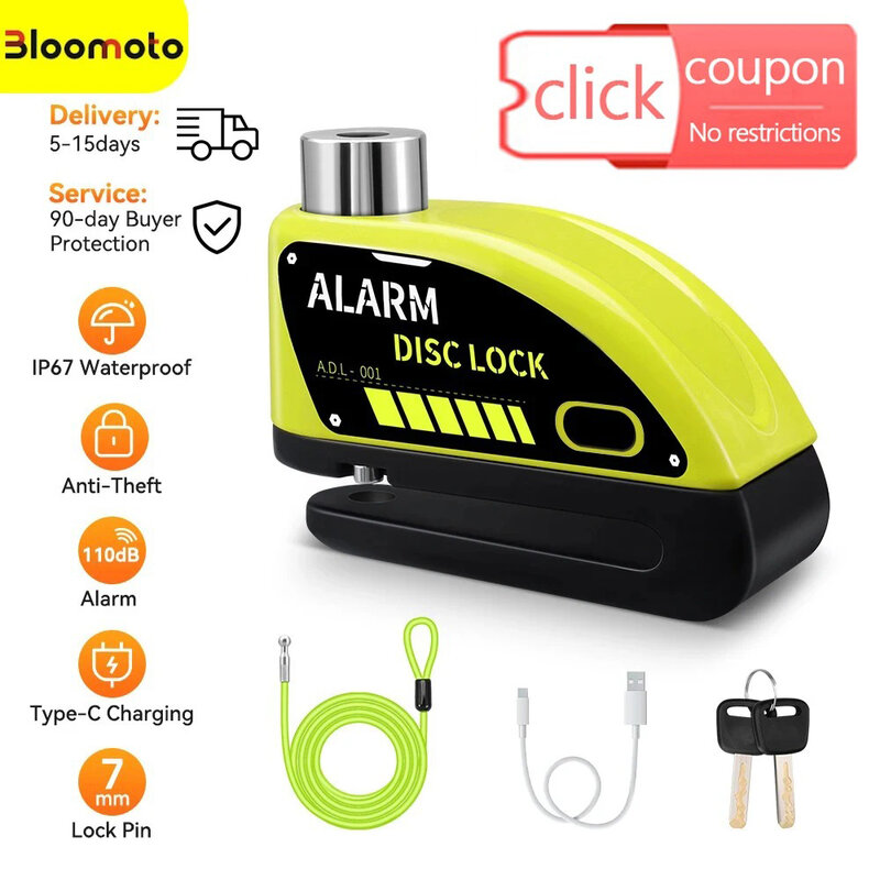 Bloomoto alarma recargable para motocicleta, candado de alarma antirrobo impermeable para bicicleta con cuerdas, accesorios para motocicleta