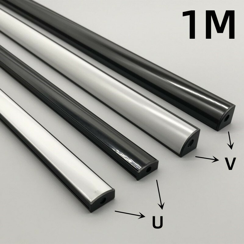 Encapsulado LED Perfil de alumínio com tampa preta, U/V/W Forma, adequado para 8-12mm de largura LED Strip, canais de habitação, 10-20 PCs, 1m por lote
