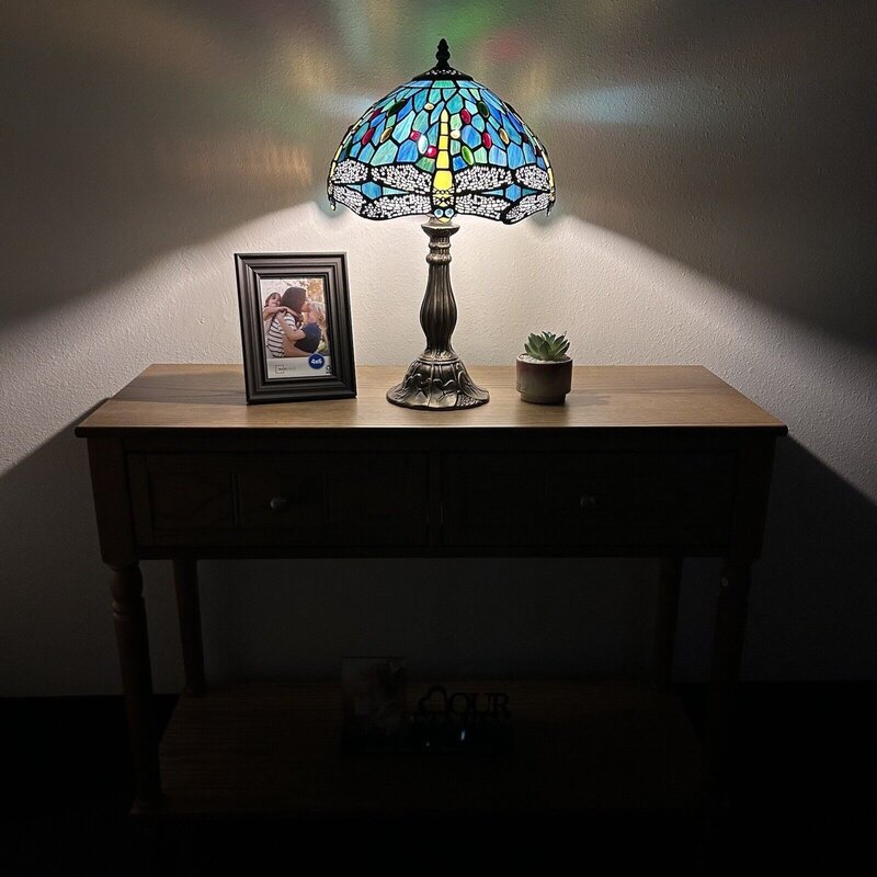 Lâmpada de Mesa de Vidro Manchado Retro, Estilo Tiffany EUA, Libélula Verde Azul, 18x12 "W, Frete Grátis