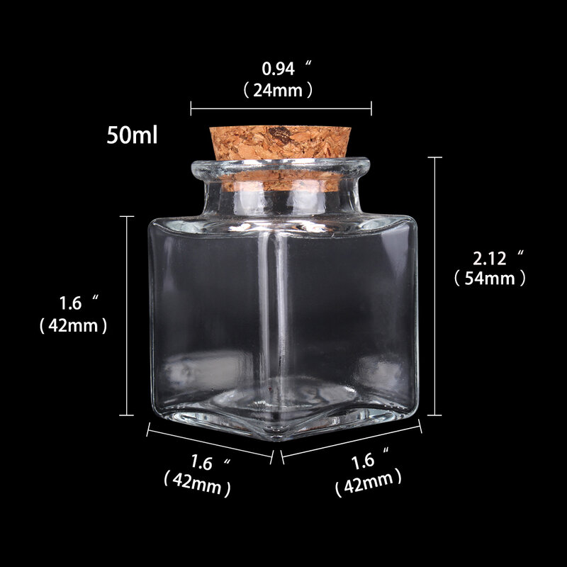 2 Pieces 50ml Transparent Square Glass Bottles with Cork Stopper Empty Spice Jars for Art Crafts Wedding Favors