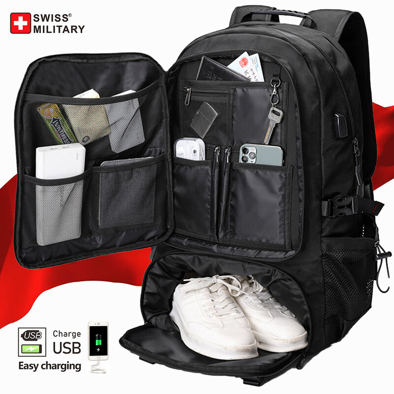 SWISS tas punggung perjalanan militer tas bisnis pria tahan air tas bahu USB dapat diperluas tas Laptop kapasitas besar 17.3 "mochila