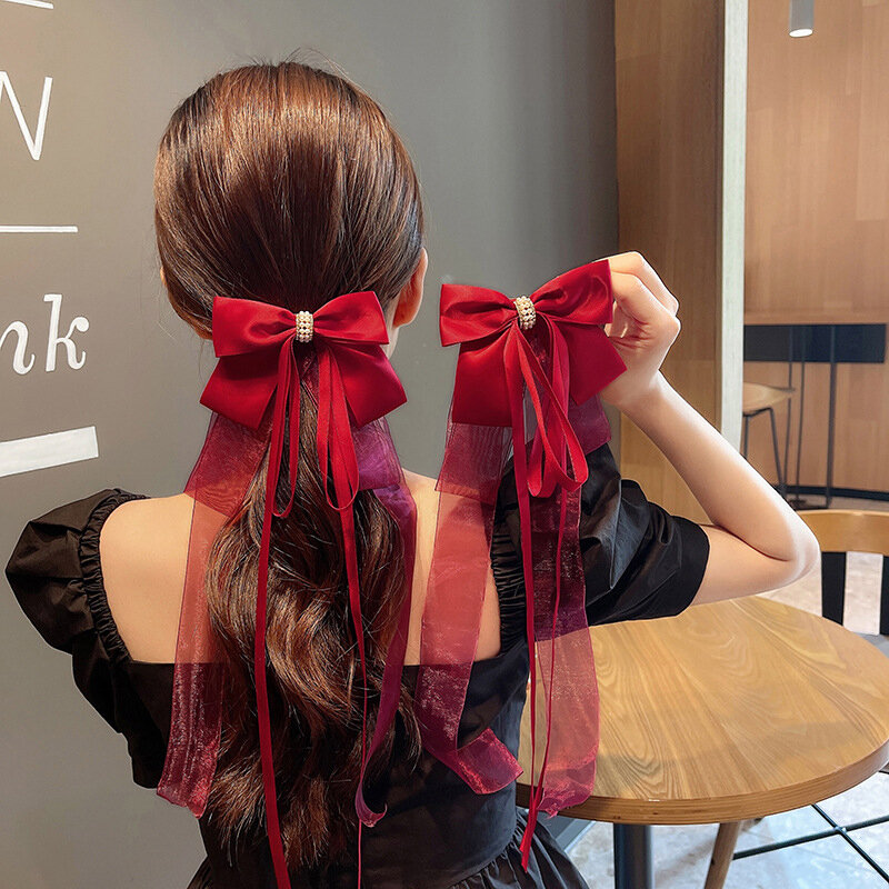 Sweet Large Bowknot Hair Clip For Women Girls Lolita Long Ribbon Solid Hairpin Cute Ponytail Hair Bands Fashion Hair Accessories