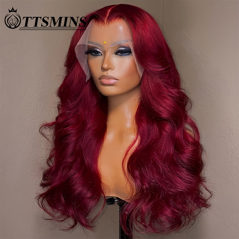 Perruque Lace Front Wig Body Wave brésilienne naturelle, cheveux humains, bordeaux, rouge 99j, 13x4 HD, pre-plucked, oreille à oreille, 180%