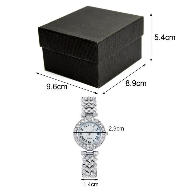 Kit de pulsera de reloj para mujer, esfera redonda, diamantes de imitación brillantes con incrustaciones de números romanos, puntero decorativo, reloj de pulsera de cuarzo para mujer, 2 piezas por juego