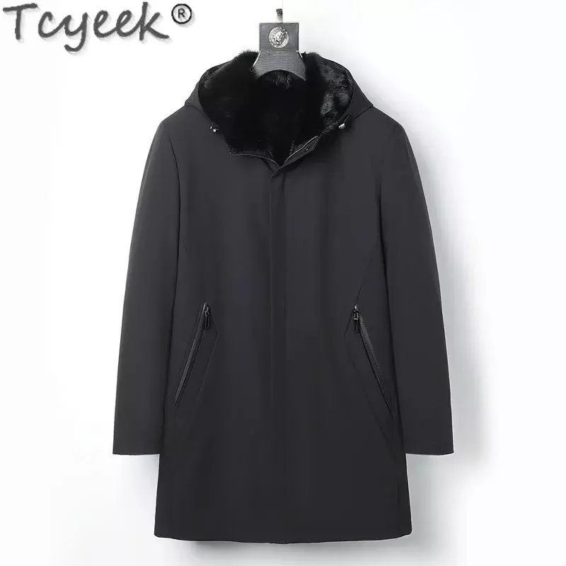 Tcyeek Winter Fur Coat Men Clothes Men’s Parkas Mink Fur Genuine Leather Jacket Warm Mid-length Hooded Fur Jackets for Men Lq517