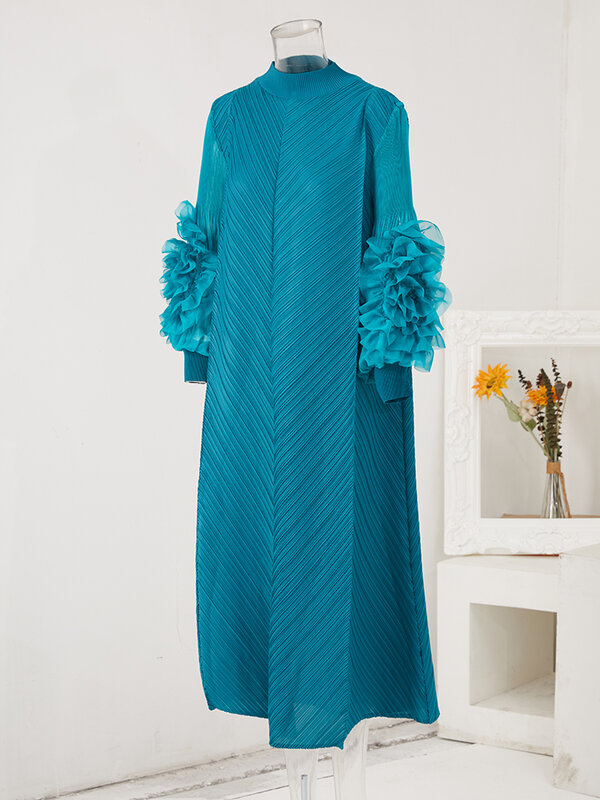 LANMREM-Maxi vestido plissado para mulheres, gola redonda, fungo dividido, vestidos de manga cheia, roupas de primavera, novo, 2022, 2Qa1331