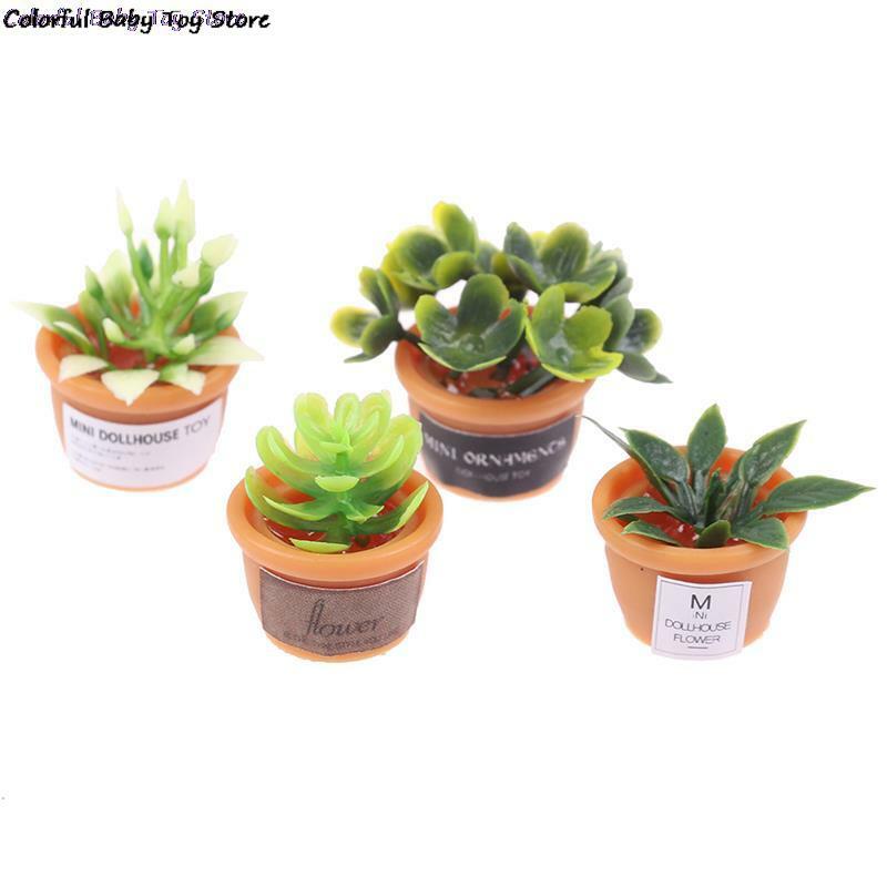 Mini plantas plásticas redondas 1:12 casa de bonecas em miniatura verde mini vaso para planta verde em vaso casa de boneca mobiliário decoração