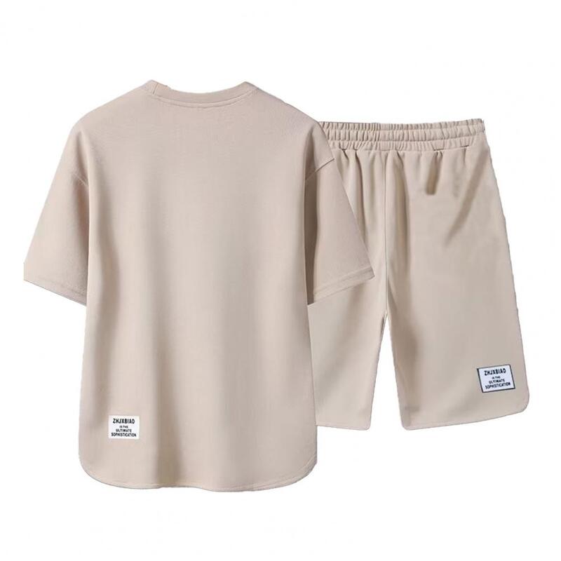 Conjunto retrô de camiseta e shorts de seda gelo masculino, cintura solta com cordão, gola redonda, manga curta, 2