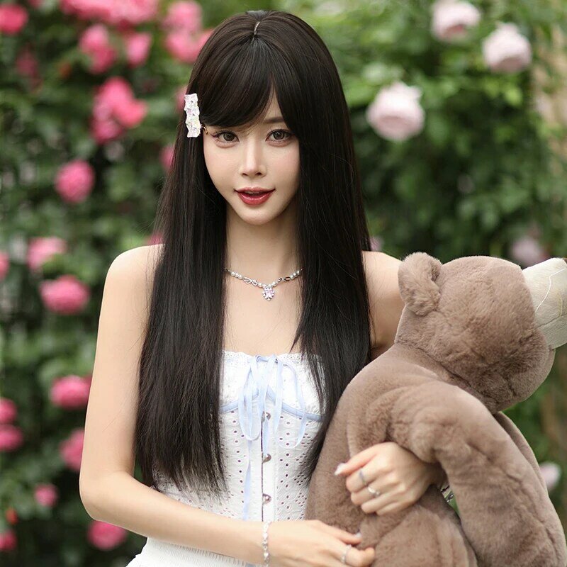 7JHH WIGS Dark Brown Wig Synthetic Long Straight Black Tea Wig for Women Use High Density Layered Hair Wig Beginner Friendly