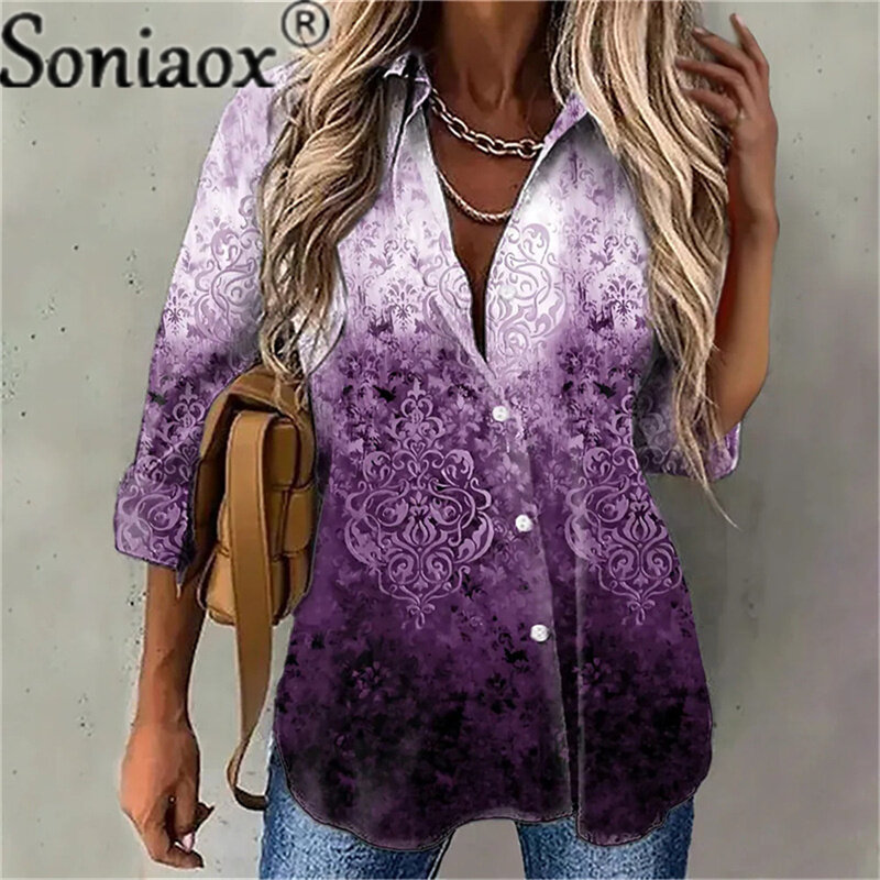 Blusa holgada de manga larga con botones para mujer, camisa Retro con estampado colorido, cuello vuelto, ropa de calle informal, otoño