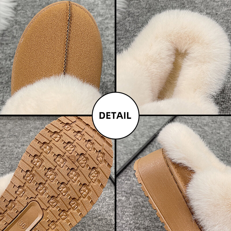 Zapatillas de algodón con plataforma gruesa de felpa para mujer, zapatos de tacón plano de piel, gamuza sintética esponjosa, invierno, 2023