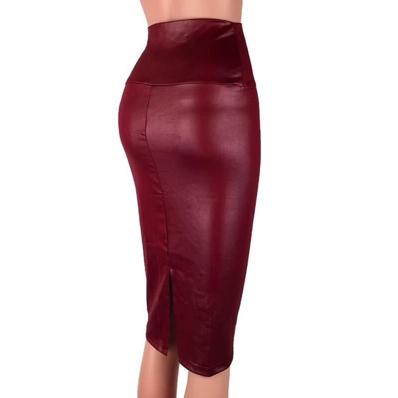 Модная элегантная юбка из искусственной кожи с высокой талией и разрезом, Женская облегающая юбка-карандаш до колена
