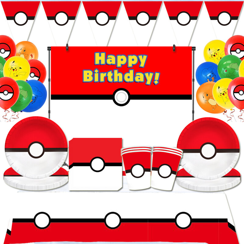 Decoraciones de fiesta de cumpleaños de Pokémon, vajilla desechable, taza, plato, telón de fondo para niños, suministros de fiesta, globos de aluminio