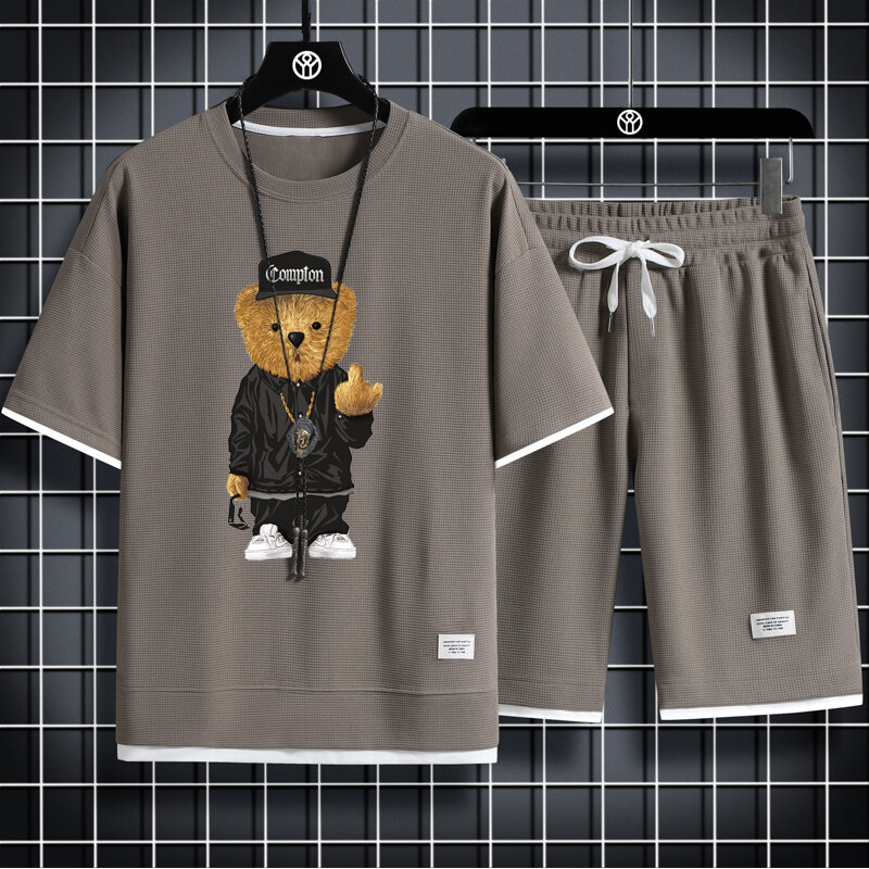 Urso boneca masculino estampa de tecido waffle manga curta e shorts, terno esportivo casual, streetwear hip-hop, moda verão, nova, 3XL