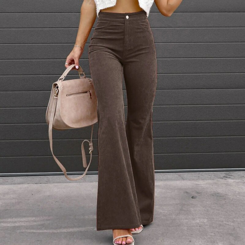 Autumn And Winter Women's Pants Solid Color Mid Waist Slim Micro Bell Bottoms Corduroy Elastic Waist Casual Trousers