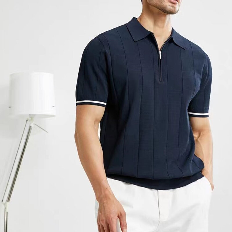 Letnie nowe męskie ubrania z klapami koszulki Polo Fashion Business Casual pionowe linie luźne jednolita, krótka rękaw cienkie topy 2024