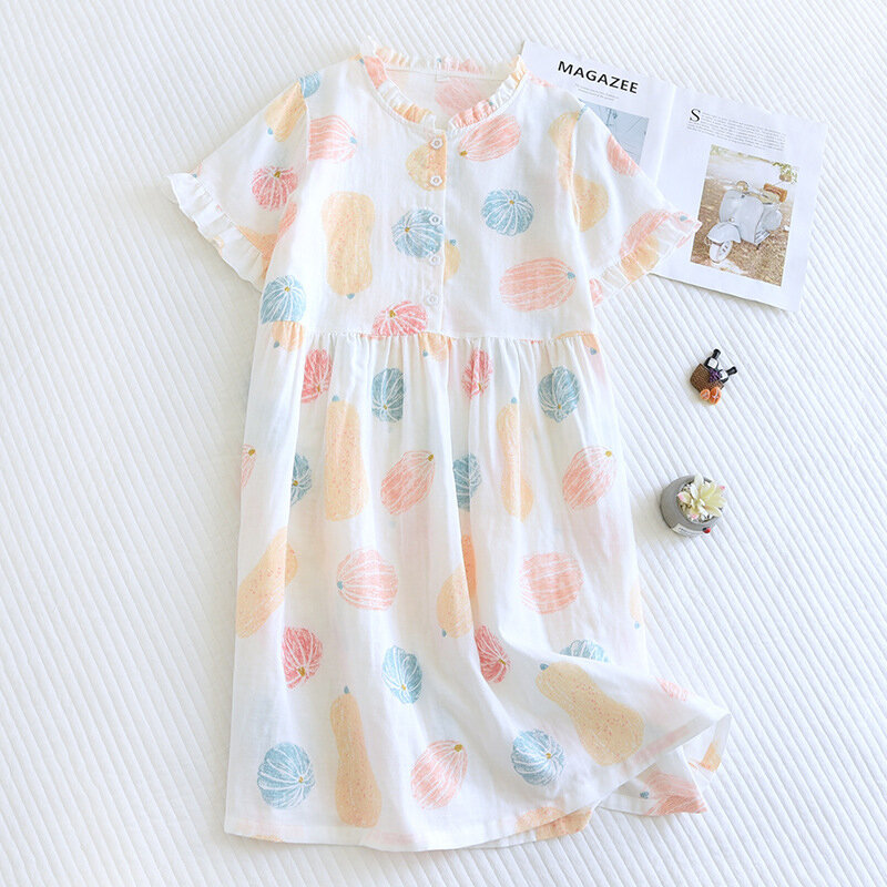 Women Summer Thin Night-clothes Korean 2024 New Casual O-Neck Short Sleeved Pajama Female Loose Print Mid-length Home Nightdress