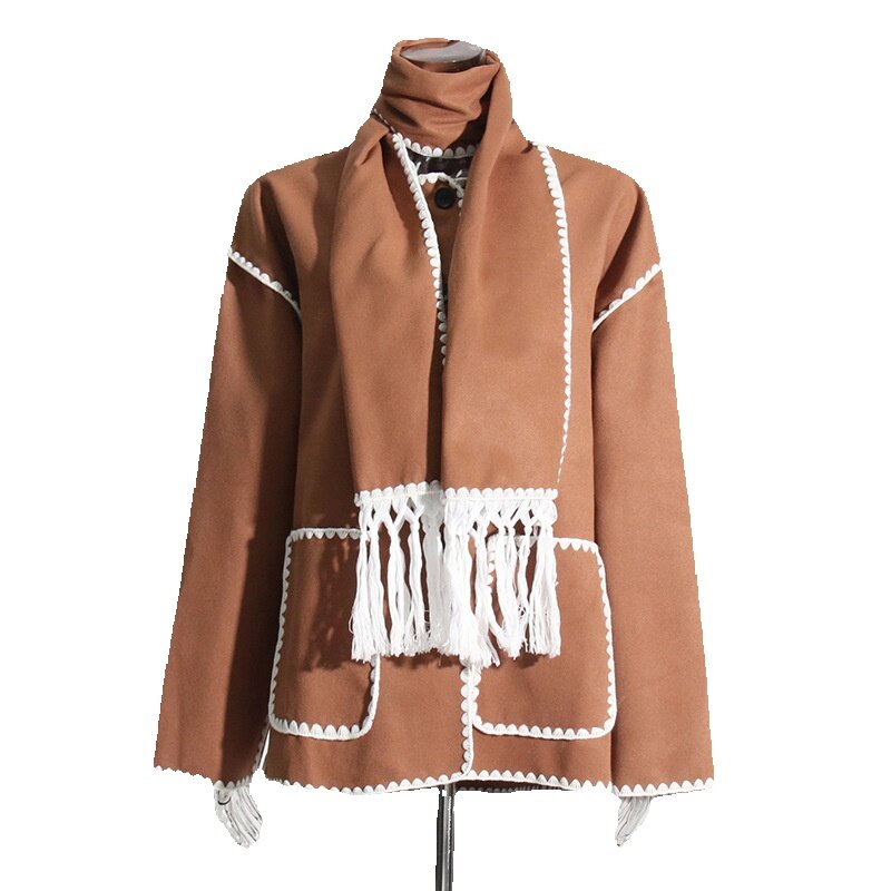Jaqueta de lã versátil e solta feminina, design casual com cachecol de borla, gola redonda elegante, nova, outono e inverno, 2024