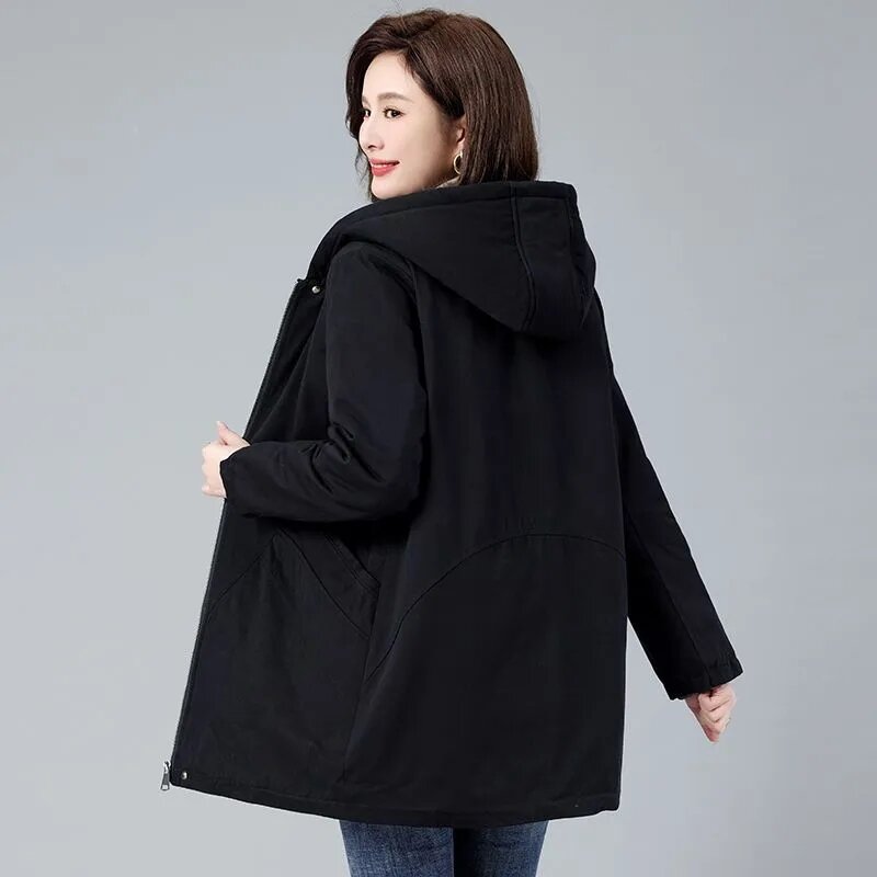 Jaket katun musim dingin wanita, pakaian panjang kasual longgar versi Korea tebal dan hangat berkerudung 2024