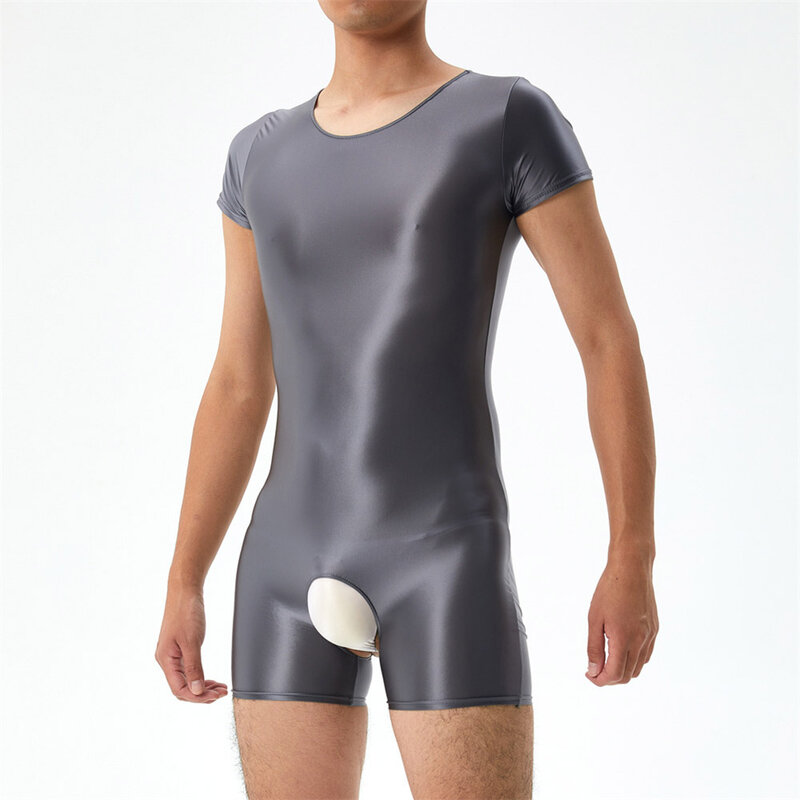 Bodysuit pria seksi Jumpsuit Leotard berkilau minyak pakaian dalam ketat tanpa tali tangki elastis ramping Lingerie halus ultra-tipis padat