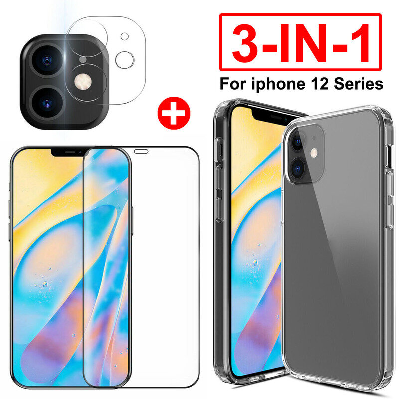 3pcs/set Clear Silicone TPU Case + Camera Lens Glass Film + Tempered Glass Screen Protector for Iphone 12 Mini Pro Max Covers