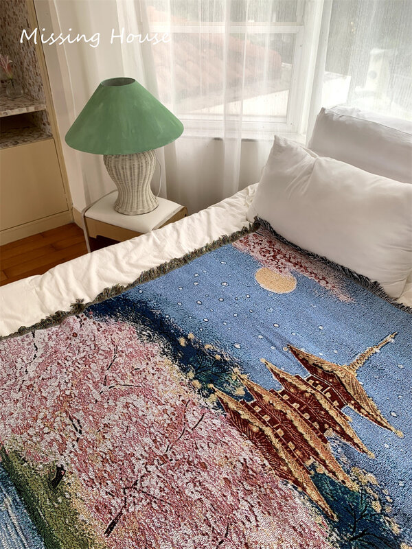 Romantic Moon Light Sakura Cherry Blossom Cotton Woven Blanket Tapestry Rug Home Decro Personalized Gift Sofa Cover Mat Rug