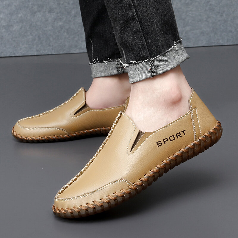 Sepatu pria 2023, ukuran Plus pria sepatu kasual luar ruangan harian pria datar jahit ujung bulat Slip on sol lembut sepatu kulit pria