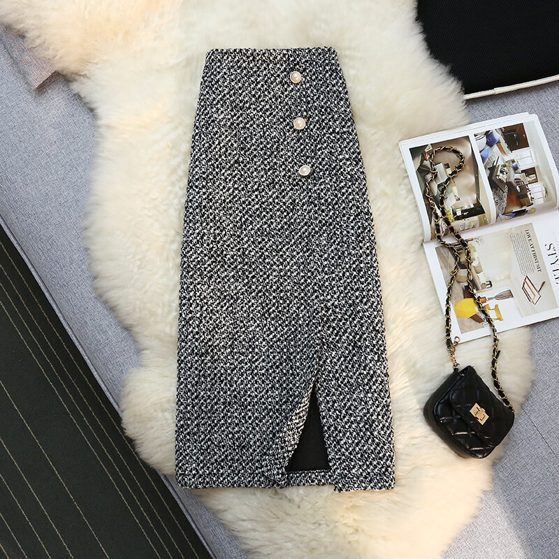 Wisher & Tong-faldas largas de cintura alta para mujer, Falda Midi elegante de Tweed Vintage, moda coreana, otoño e invierno, 2022