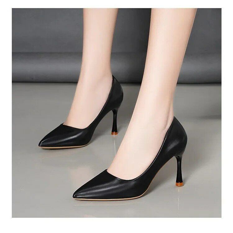 รองเท้าส้นสูงสีดำหัวแหลมสำหรับผู้หญิงรองเท้าส้นสูงของผู้หญิงใส่ไปทำงานออฟฟิศลำลอง gaun modis ทึบงานแต่งงานเซ็กซี่