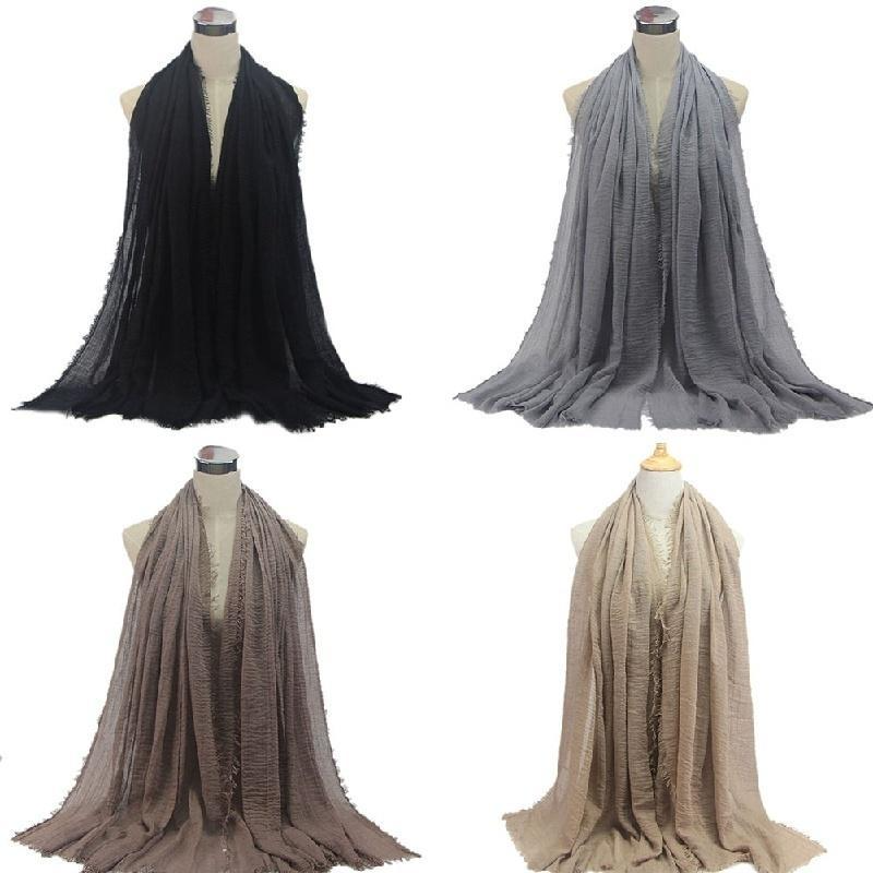 Foulard da donna in cotone e lino tinta unita nuovo foulard a pieghe con bordo in lana monocolore foulard foulard per le donne