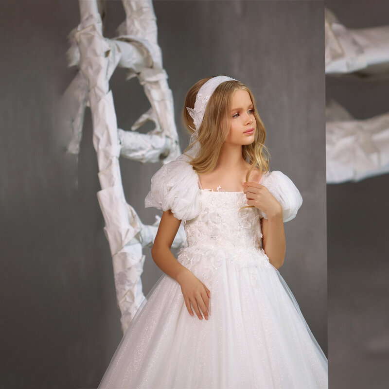 Кружевное платье с вырезом лодочкой для девочек, платье принцессы с коротким рукавом для банкета, Бальное Платье трапециевидного силуэта для свадьбы, дня рождения, детское платье