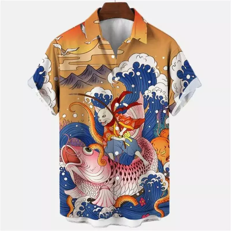 Blusa Hawaiana de lujo con estampado 3d de carpas Koi para verano, Camisa holgada de manga corta con botones, ropa para exteriores