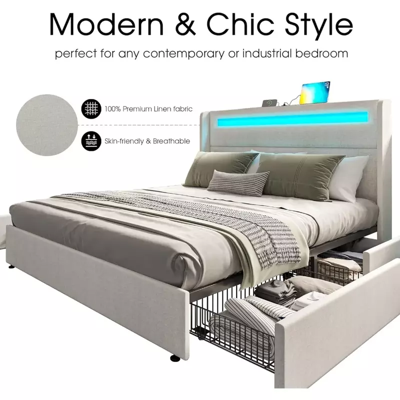 Queen Size Bed Frame with RGBW LED Lights Headboard & 4 Storage Drawers, Upholstered Smart Platform Bed with USB & USB-C Ports