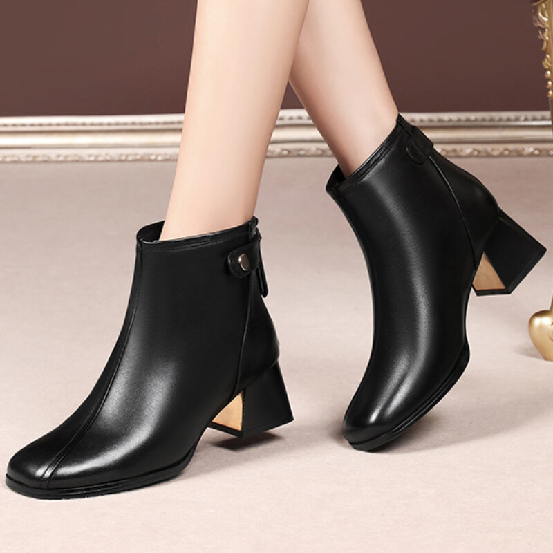 New Women's Soft Leather Chunky Heel Boots Winter Square Toe High Heel Ankle Boots for Women Fashion Keep Warm Botas De Mujer