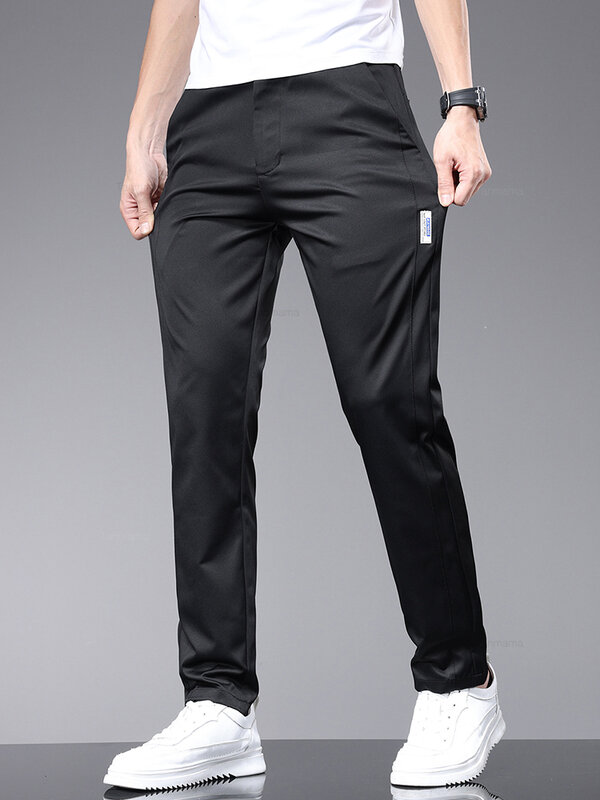 Letnie ultracienkie męskie elastyczne spodnie na co dzień Moda Miękki lodowy jedwab Jednolity kolor Elastyczna talia Wąskie proste spodnie Czarny Beżowy