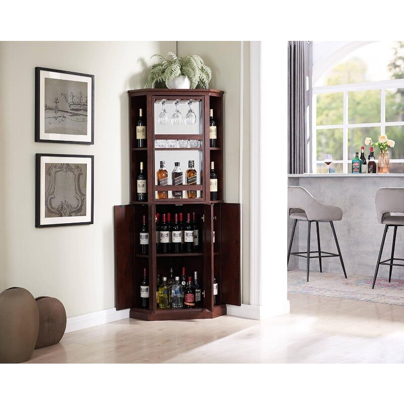 Armario de barra esquinero versátil de 68,5 "con almacenamiento de vino, altura de estante ajustable, estante para vino de 6 botellas, estante para copas para 6 vasos