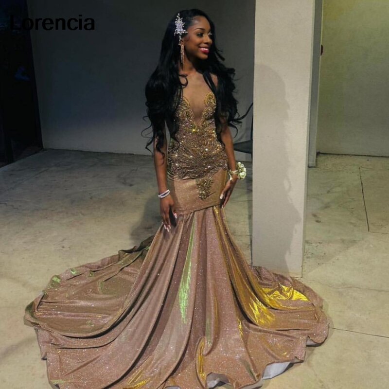 Lorencia Sparkly Shiny Gold Sequins Mermaid Prom Dress 2024 Beaded Rhinestone For Black Girls Birthday Party Gala Gown YPD172