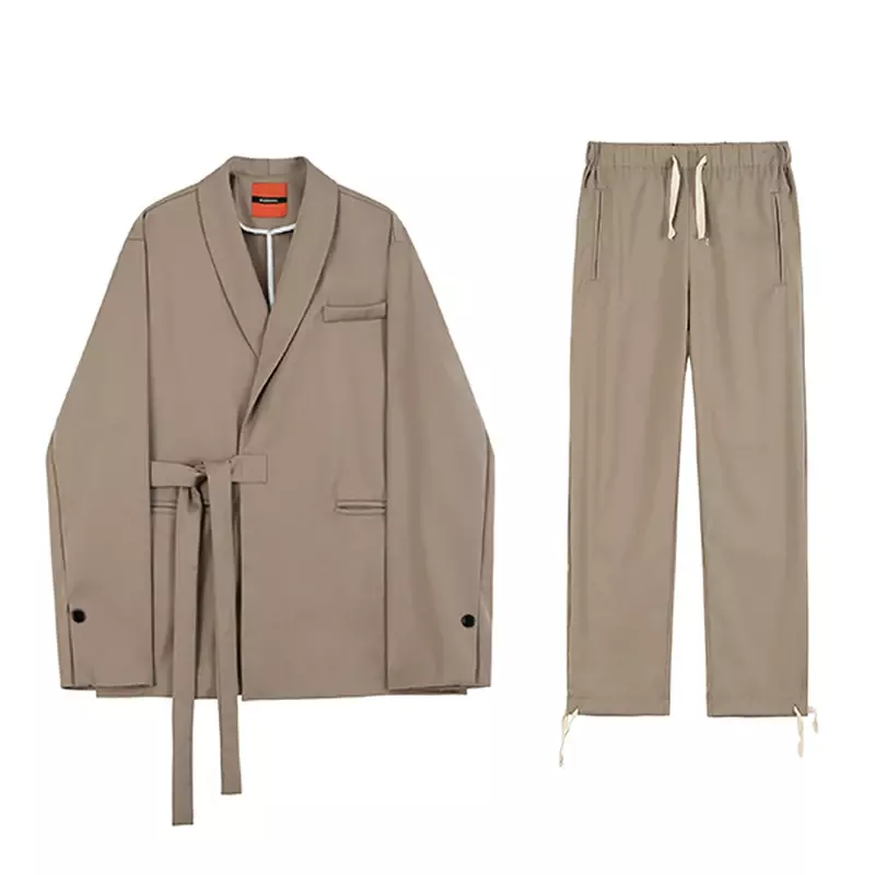 Chaqueta de traje de algodón para hombre, Blazer informal holgado con cinturón, color caqui, tendencia coreana, Otoño, novedad de 2023