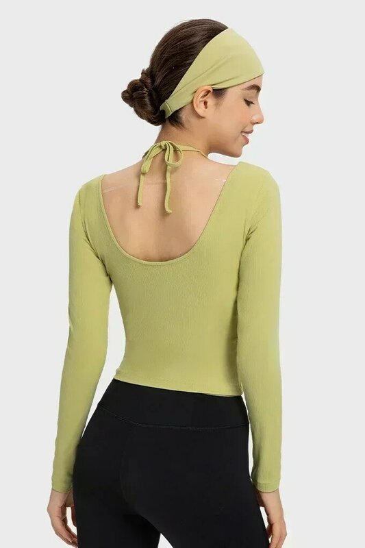 Lemon Women Halter Neck Long Sleeve Yoga Shirt Ribbed Fabric Stretch Halter Neck U-shaped Back Fitness Sport T-shirt Fitness Top