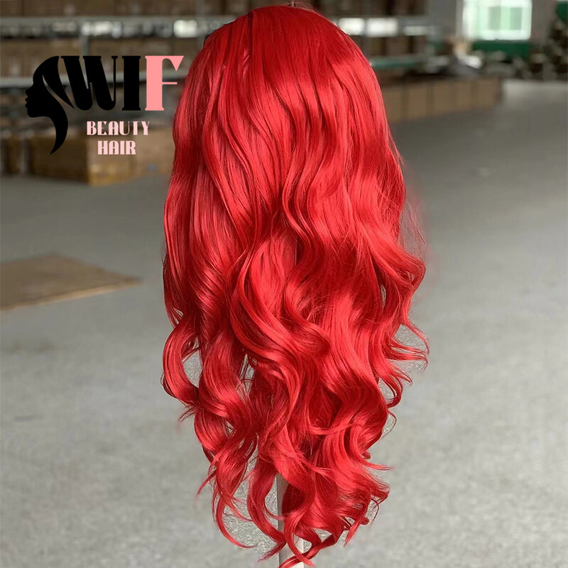WIF Peluca de encaje sintético ondulado, pelo rojo brillante, fibra de calor, maquillaje