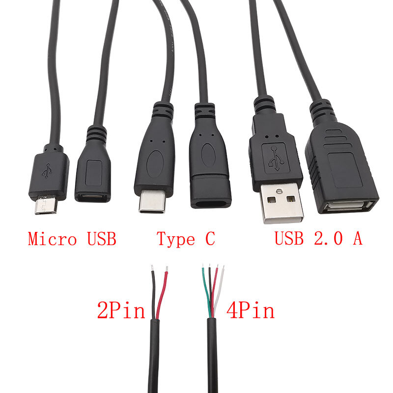 USB Power Supply Cable 2/4 Pin Micro USB/USB 2.0 A/Type C Male Female Plug Wire Connector DIY Data Charging Extension Cable 30CM