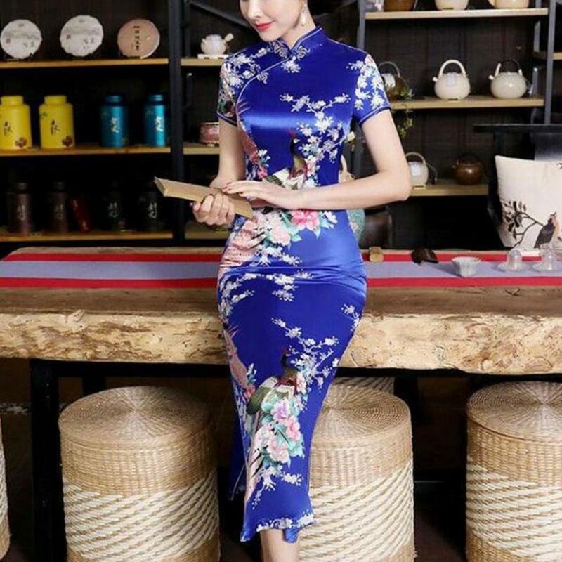 Gaun Cheongsam gaya nasional Cina, gaun wanita kerah berdiri cetak bunga dengan belahan samping tinggi untuk musim panas