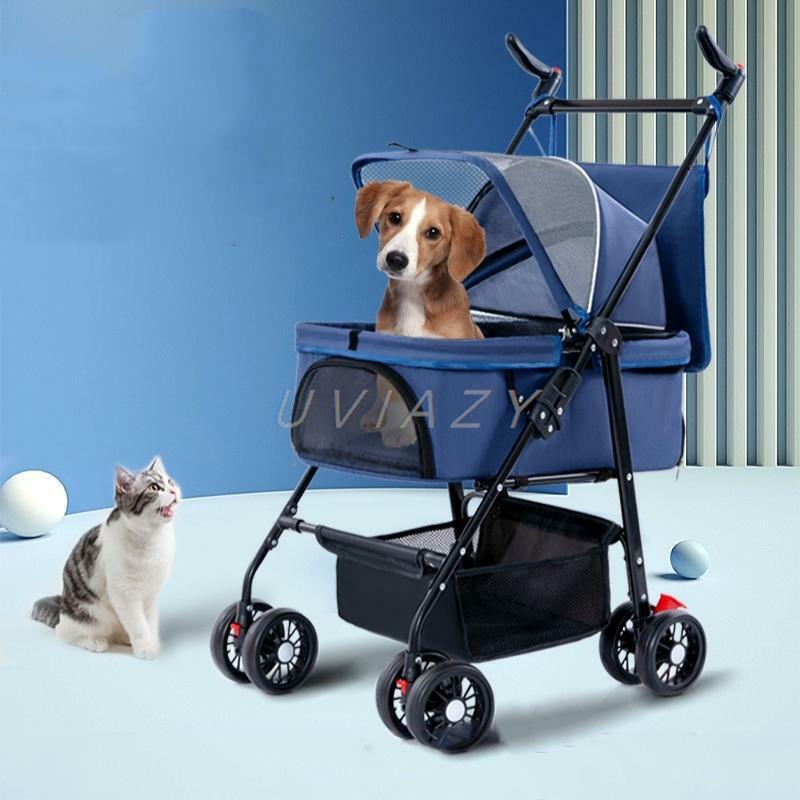 Cochecito plegable de 4 ruedas para mascotas, carrito para pasear perros y gatos pequeños y medianos con cesta de almacenamiento, malla transpirable Visible
