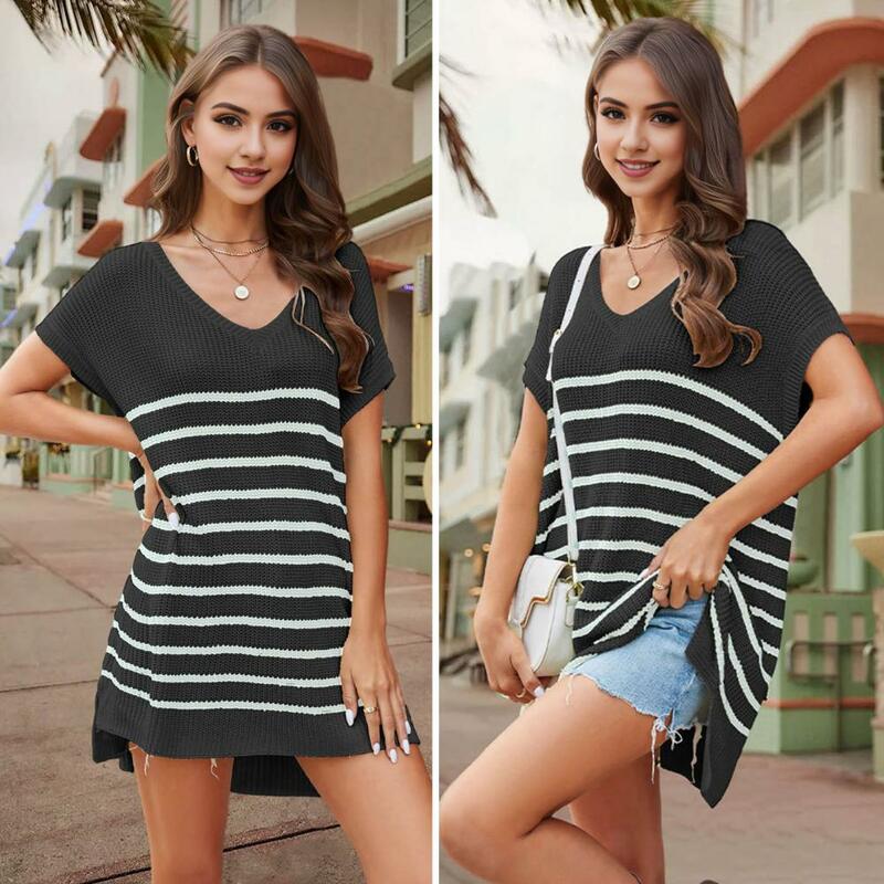 Spring Blouse Stylish Women's V-neck T-shirt Collection Striped Splicing Crochet Knit Tops Solid Loose Casual Blouses for Summer