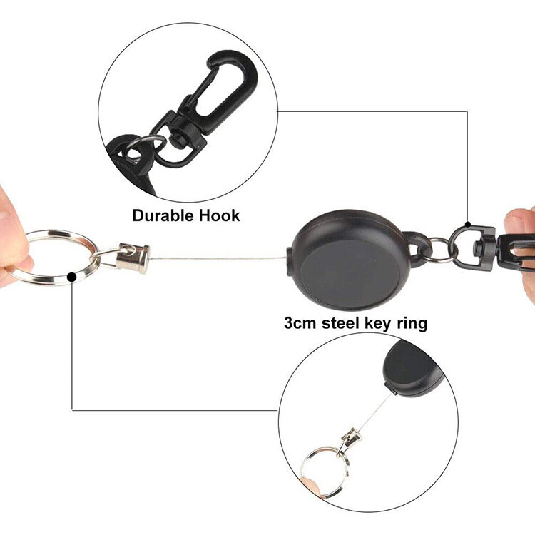 Retrátil extensível Metal Wire Keychain, Chaveiro retrator, titular do cartão de identificação, Clipe Pull Anel, Anti Lost, 60 centímetros