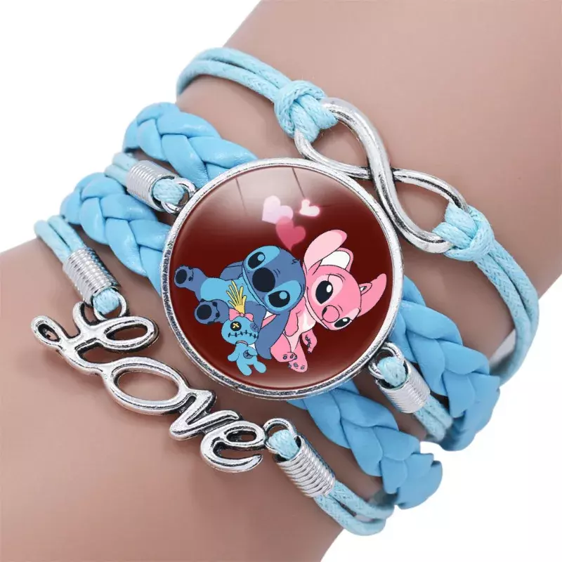 Gelang kulit kartun Disney Stitch, gelang buatan tangan klasik tali kepang biru untuk perhiasan anak-anak gelang dapat disesuaikan