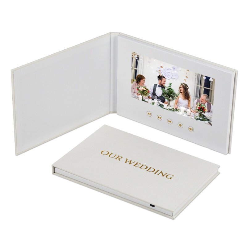 Álbum de folleto de video de boda personalizado, lámina de oro, pantalla IPS, encuadernado de lino, 7 pulgadas, para aniversar