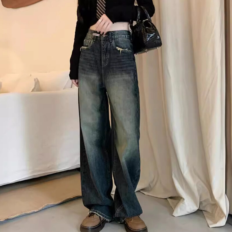 8 Sizes Wide-leg Jeans Women Full Length Baggy Casual High Street Hip Hop All-match Distressed American Retro Elastic New Chic