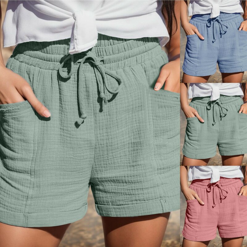 Sommer Damen Shorts Mode hoch taillierte Kordel zug elastische Shorts lässig bequeme lose Sports horts mit Taschen